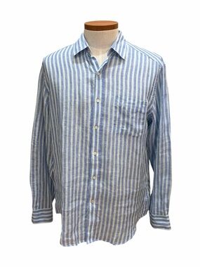 J. McLaughlin Men’s Large Linen Striped Blue Blues White Long Sleeve Button Up